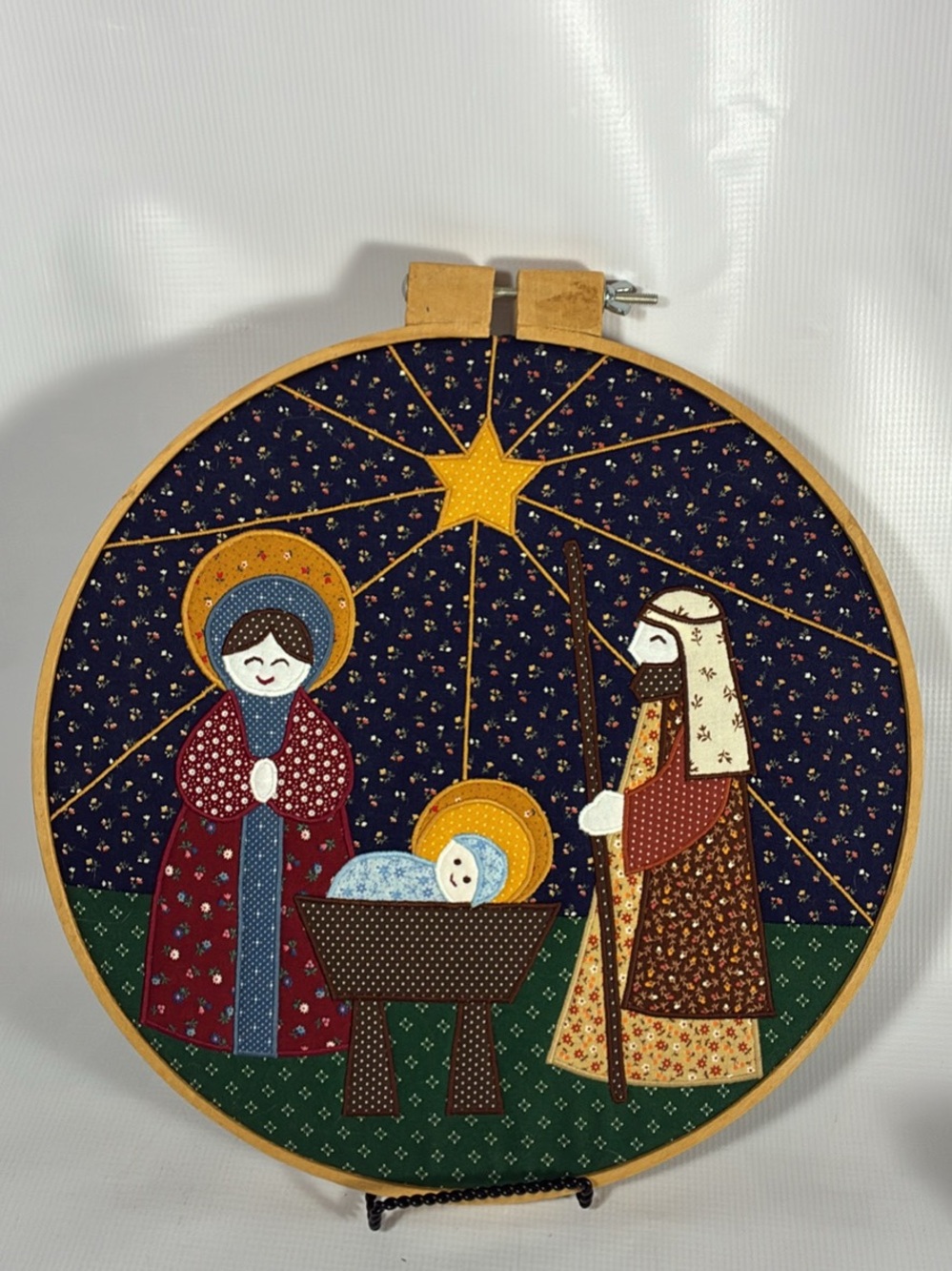Vintage Handcrafted Nativity Embroidery Hoop - Navy, Burgundy, Gold